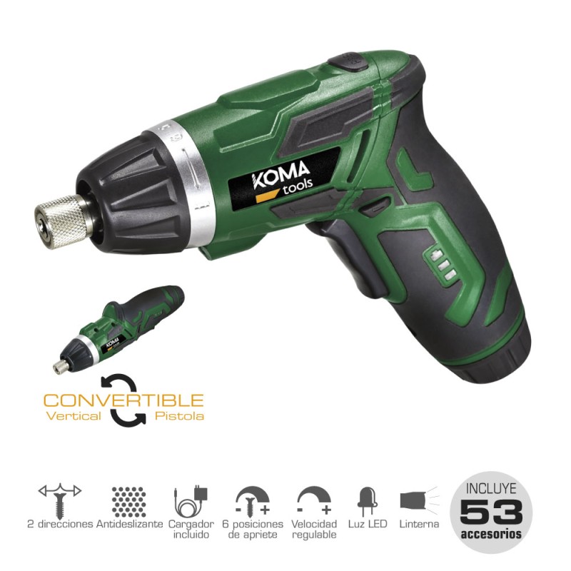 Atornillador a bateria reversible, 3,6v litio-ion 1300 mah, con 53 accesorios, 175 x 148 mm