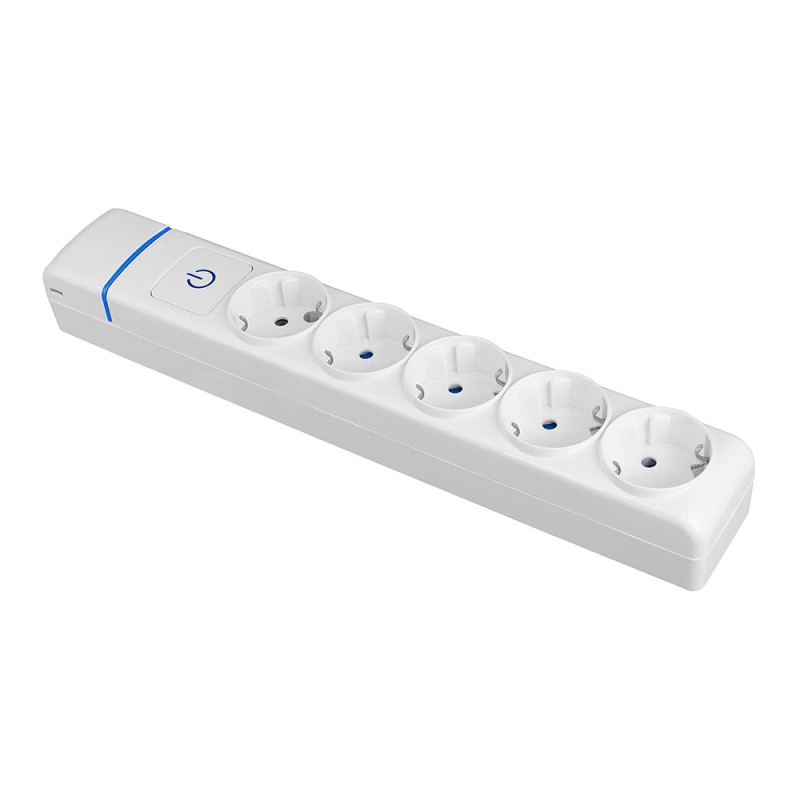 Base múltiple de 5 tomas 2p+t, 16 a 250 v con interruptor luminoso.