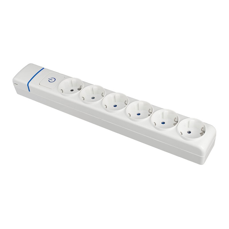 Base múltiple de 6 tomas 2p+t, 16 a 250 v con interruptor luminoso.