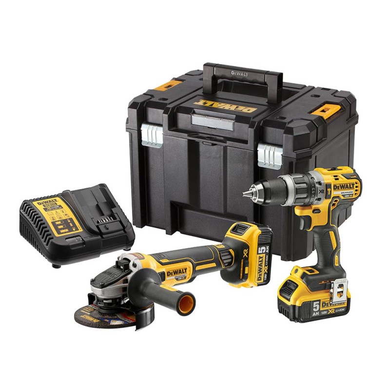 Kit xr 18v taladro percutor + dcg405 amoladora + 2 baterías li-ion 5ah + maletín tstak vi dck2080p2t-qw dewalt