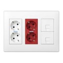 Caja con 2 schukos blancos + 2 schukos rojos + 2 rj45 500 cima superficie o empotrar blanca