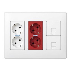 Caja con 2 schukos blancos + 2 schukos rojos + 2 rj45 500 cima superficie o empotrar blanca