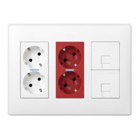 Caja con 2 schukos blancos + 2 schukos rojos + 2 rj45 500 cima superficie o empotrar blanca