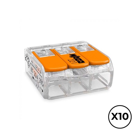 Conector rápido con palanca 3 vias, ø maximo 4 mm, 450 v , 32 a transparente 18,8 x 18,6 x 8,4 mm, 10 uds