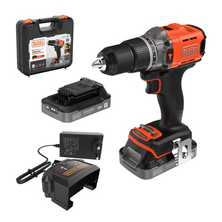Taladro percutor 18 v, con 2 baterías 2 ah de litio, cargador rápido 1 ah y maletín
