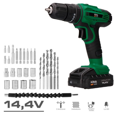 Kit taladro percutor/atornillador 14,4 v con batería, cargador y 28 accesorios