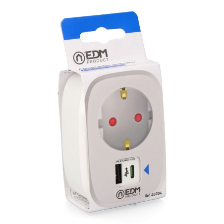 Adaptador 1 toma 2p+t schuko con 2 usb (a + c), blanco