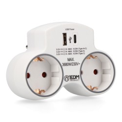 Adaptador 2 tomas 2p+t schuko con 2 usb (a + c), blanco