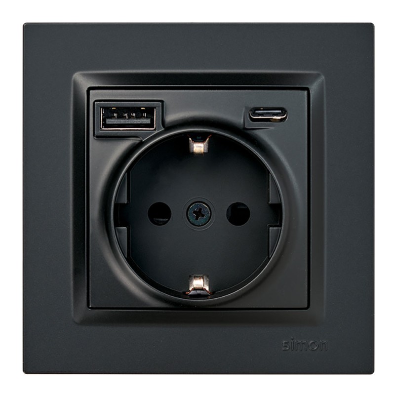 Base enchufe schuko + usb a + c 10,5 w 16 a 250 v~, simon 10, negro
