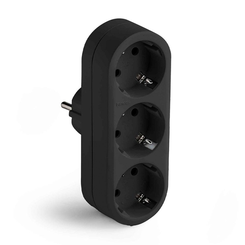 Adaptador triple 2p+t 16a 250v con entrada frontal, negro