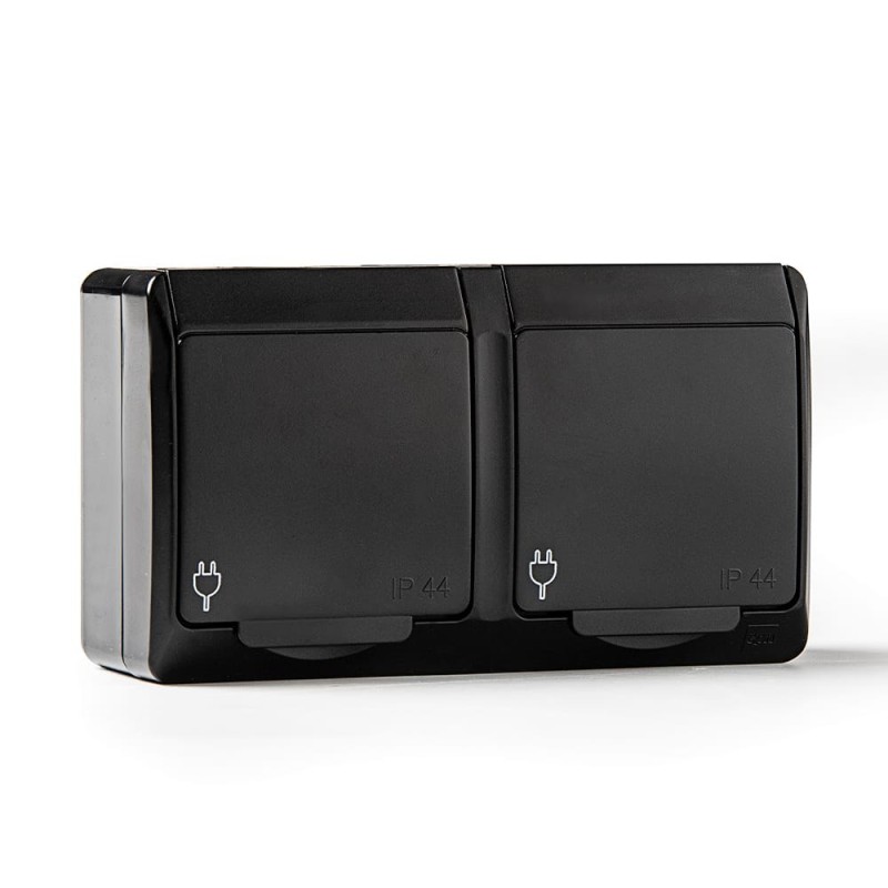 Base doble t/tl estanca, ip44 16 a 250 v, negro, blíster