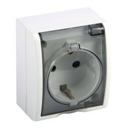 Base superficie, schuko 2p+t, 16a 250v~, ip54, serie aquarius, blanco con tapa transparente, blister