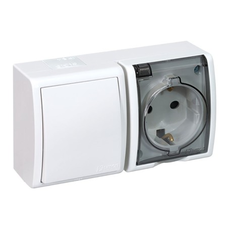 Base superficie, schuko 2p+t + conmutador, 16a 250v~, ip54, serie aquarius, blanco, blister