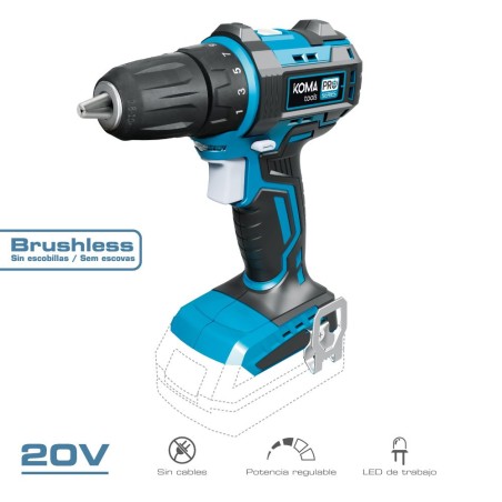 Taladro atornillador 20 v brushless, sin batería ni cargador, portabrocas ø10 mm, 18,5 x 7 x 19,6 cm